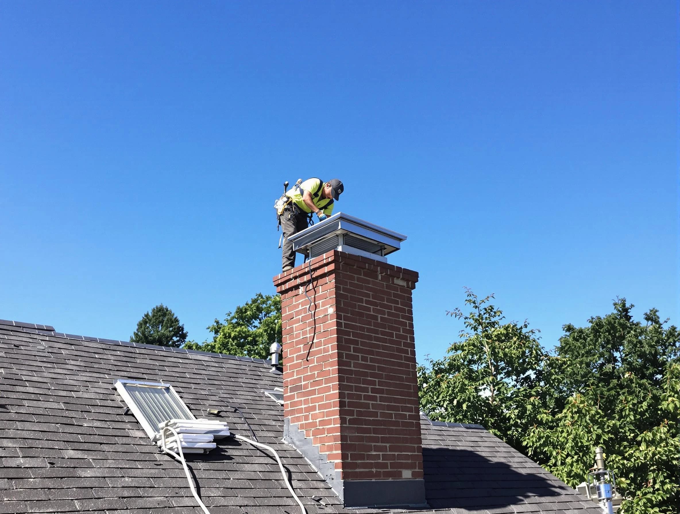 Piedmont Chimney Sweep technician measuring a chimney cap in Piedmont, OK