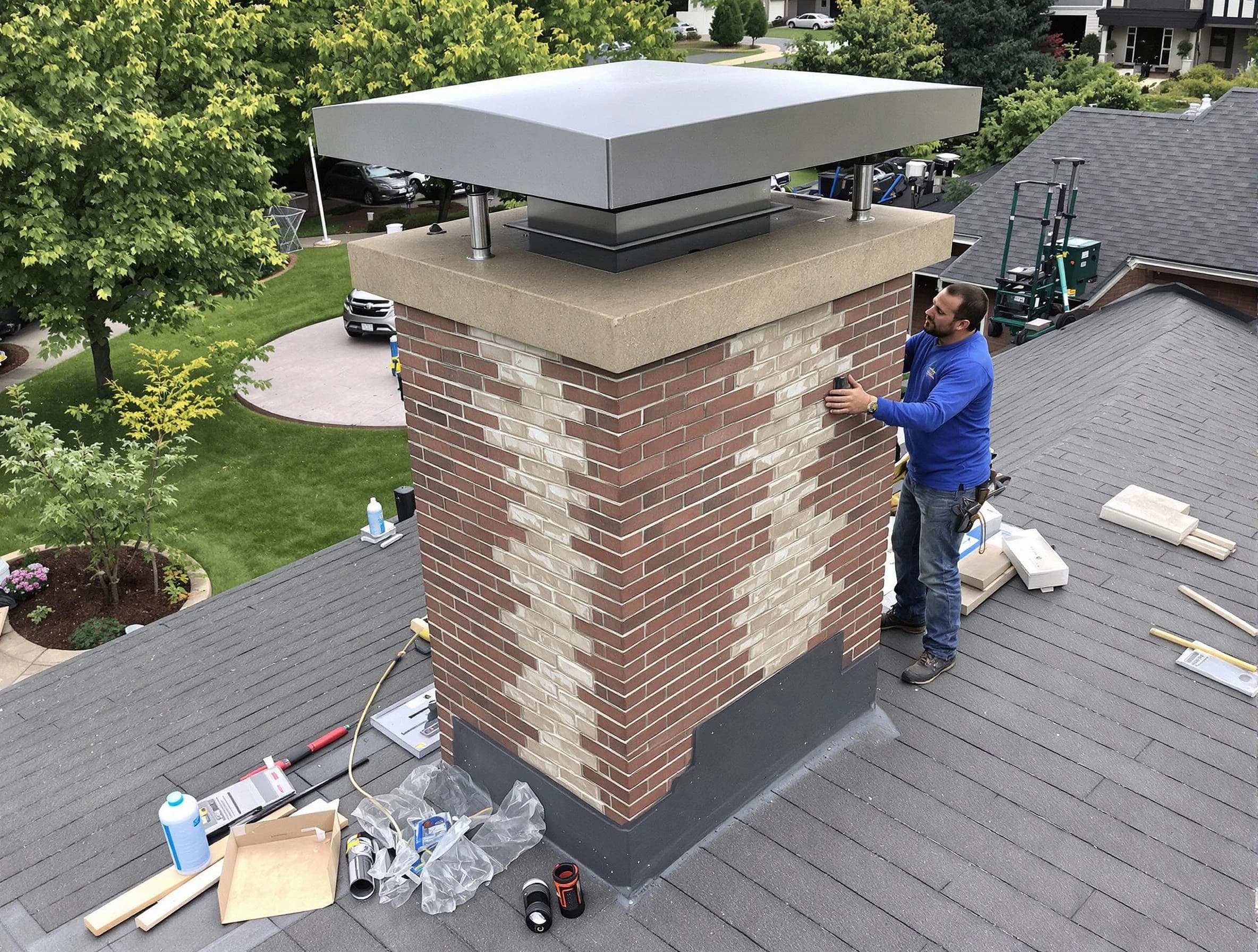 Piedmont Chimney Sweep team working on a custom chimney remodel in Piedmont, OK